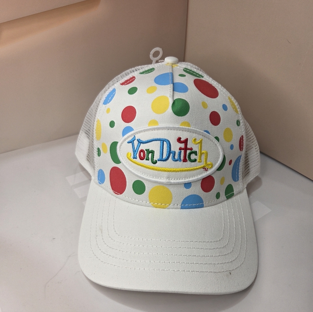 🤍▪️Von Dutch▪️ Polka Dot Trucker Hat White Mesh Adjustable Cap NWT